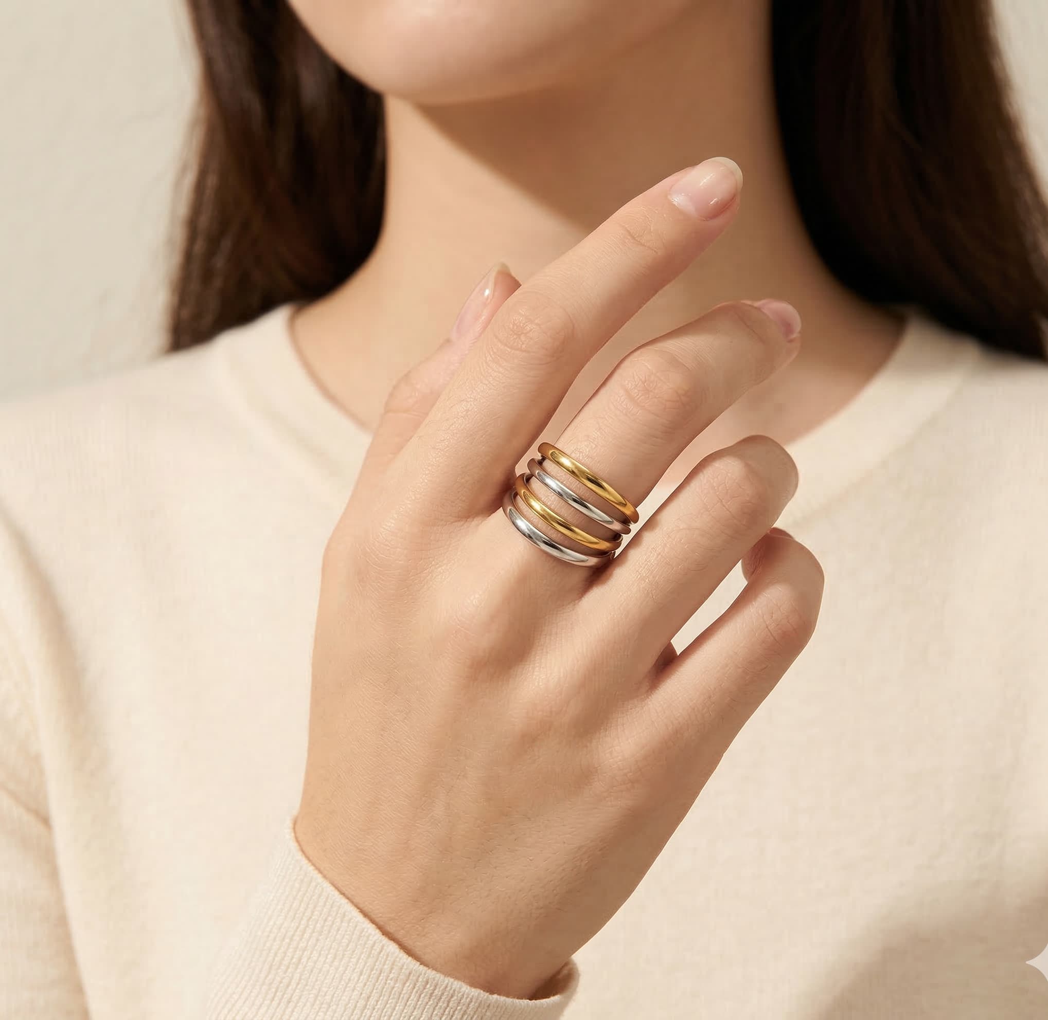 Bague Multirang Minimaliste en Acier Inoxydable 304 - Finition Or Réel & Argent